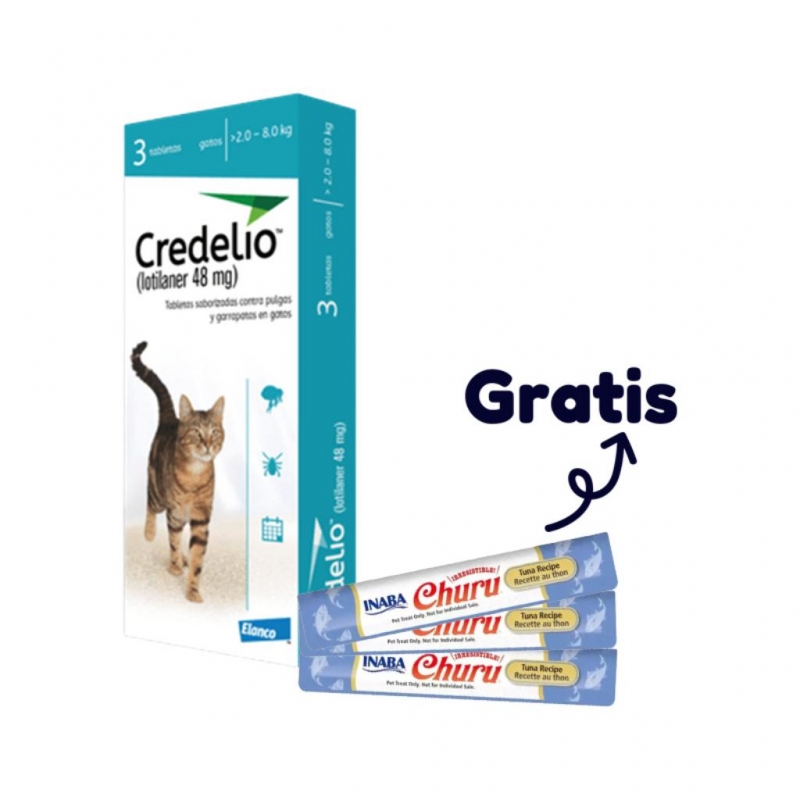 Credelio Gatos 2 a 8 K (48 Mg) Celeste (1) + Snack Churu Gato 14 gr X 1 Sobre Atún con Queso (3)_1