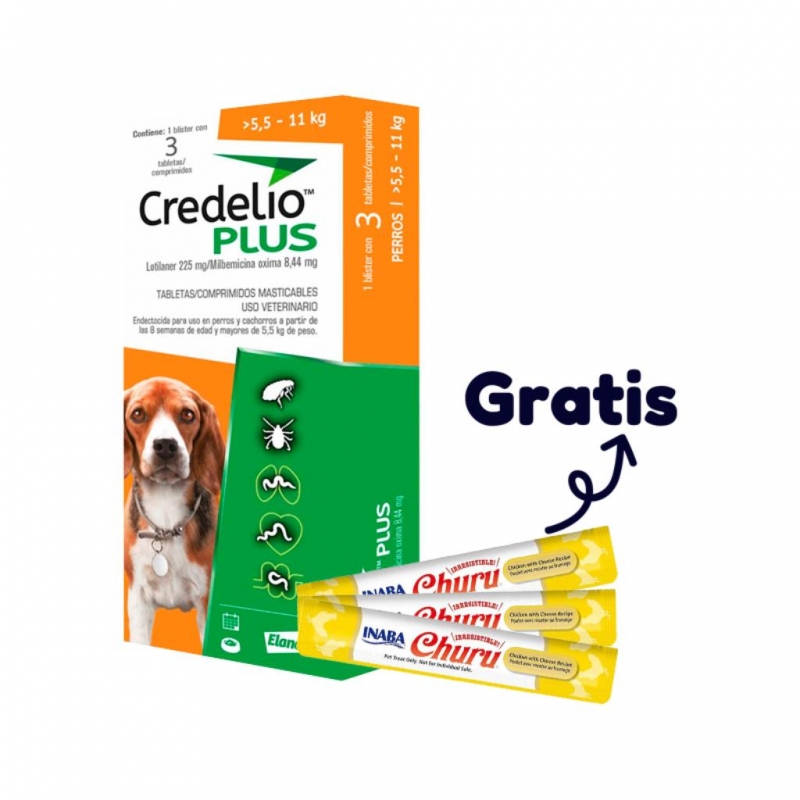 Credelio Plus 3 Tab. 5,5 a 11 kg (Naranja) (1) + Snack Churu Perro 14 gr X 1 Sobre Pollo con Queso (3)_1