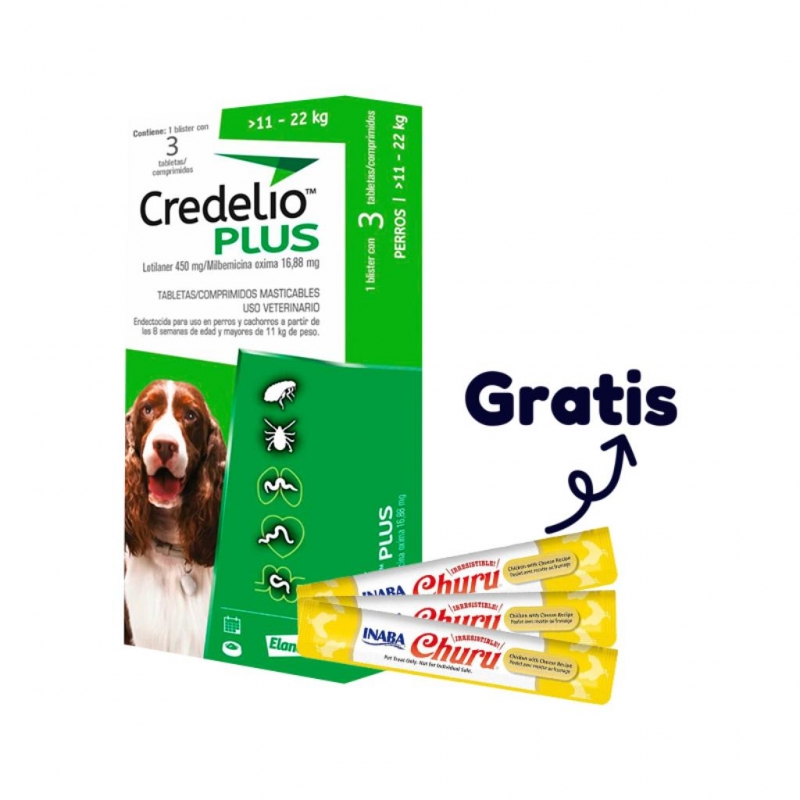 Credelio Plus 3 Tab. 11 a 22 kg (Verde) (1) + Snack Churu Perro 14 gr X 1 Sobre Pollo con Queso (3)_1
