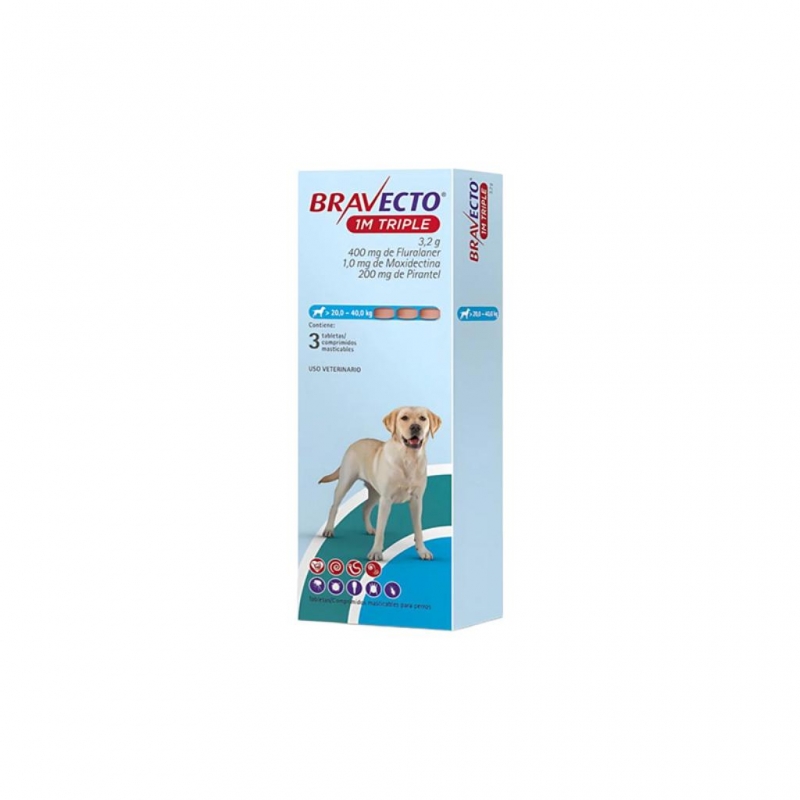 Bravecto 1M TRIPLE 400mg 20 a 40 kg x3Tab (Azul)_1