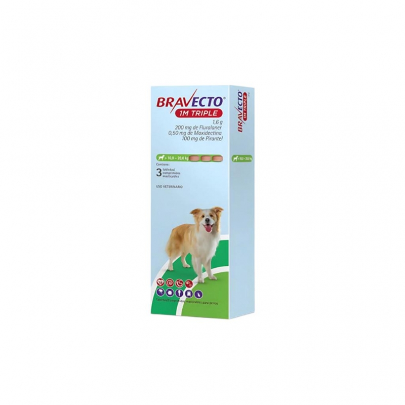 Bravecto 1M TRIPLE 200mg 10 a 20 kg x3Tab (Verde)_1