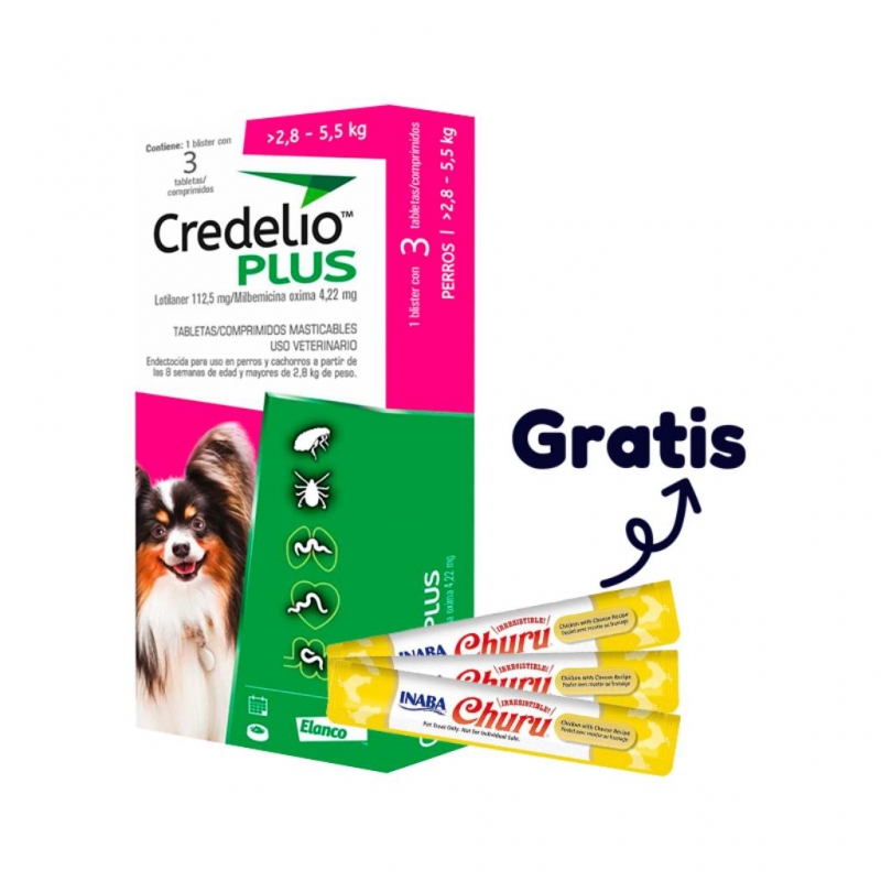 Credelio Plus 3 Tab. 2,8 a 5,5 kg (Rosado) (1) + Snack Churu Perro 14 gr X 1 Sobre Pollo con Queso (3)_1