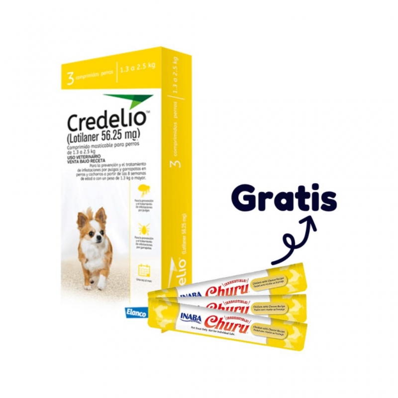 Credelio 3 Tab 1,3 a 2,5 kg (Amarillo) (1) + Snack Churu Perro 14 gr X 1 Sobre Pollo con Queso (3)_1