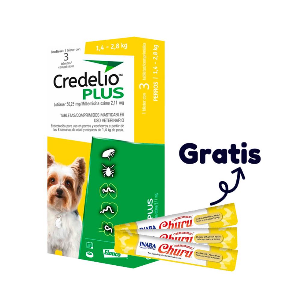 Credelio Plus 3 Tab. 1,4 a 2,8 kg (Amarillo) (1) + Snack Churu Perro 14 gr X 1 Sobre Pollo con Queso (3) - Señor Mascota