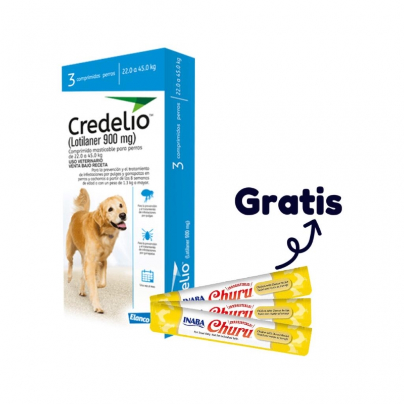Credelio 3 Tab 22 a 45 Kg (Azul) (1) + Snack Churu Perro 14 gr X 1 Sobre Pollo con Queso (3)_1