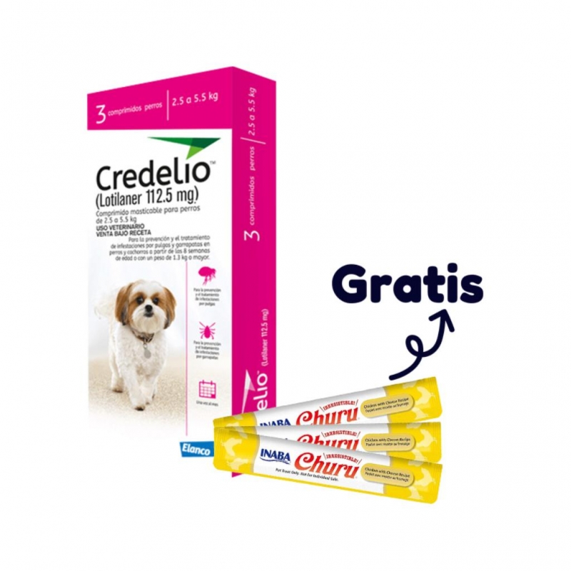 Credelio 3 tab 2,5 a 5,5 Kg (Rosado) (1) + Snack Churu Perro 14 gr X 1 Sobre Pollo con Queso (3)_1