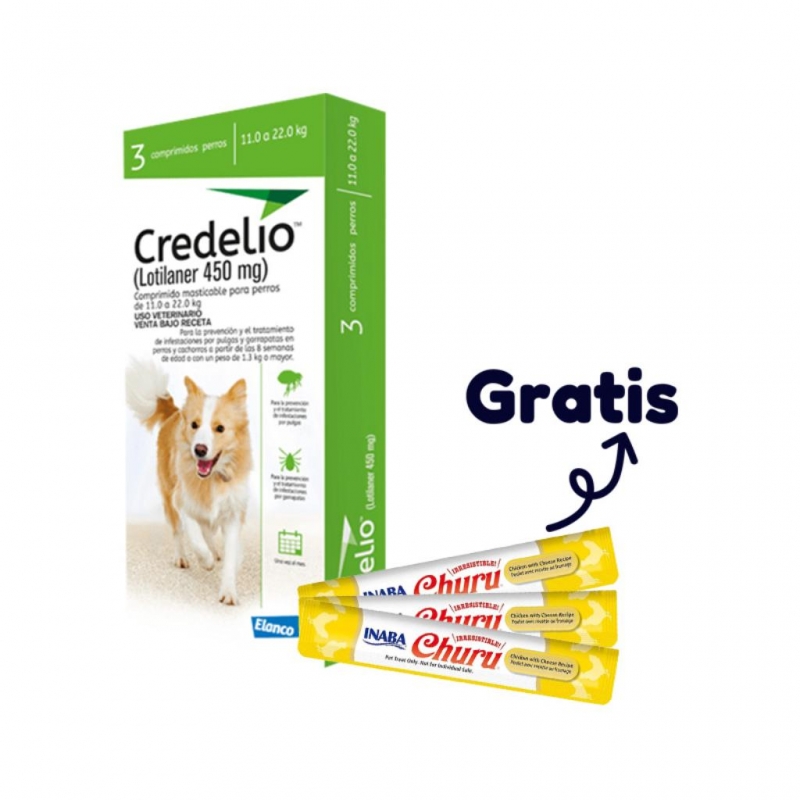 Credelio 3 tab 11 a 22 Kg (Verde) (1) + Snack Churu Perro 14 gr X 1 Sobre Pollo con Queso (3)_1