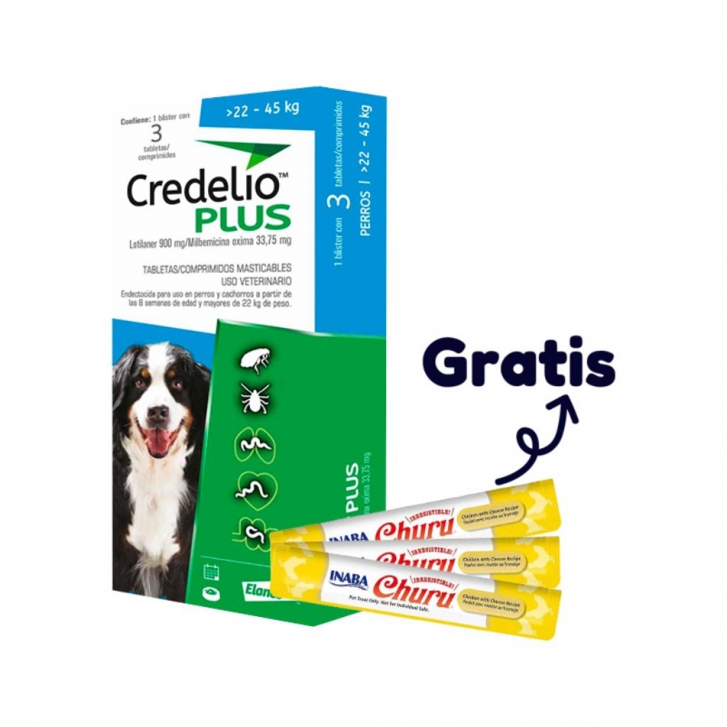 Credelio Plus 3 Tab. 22 a 45 kg (Azul) (1) + Snack Churu Perro 14 gr X 1 Sobre Pollo con Queso (3)_1