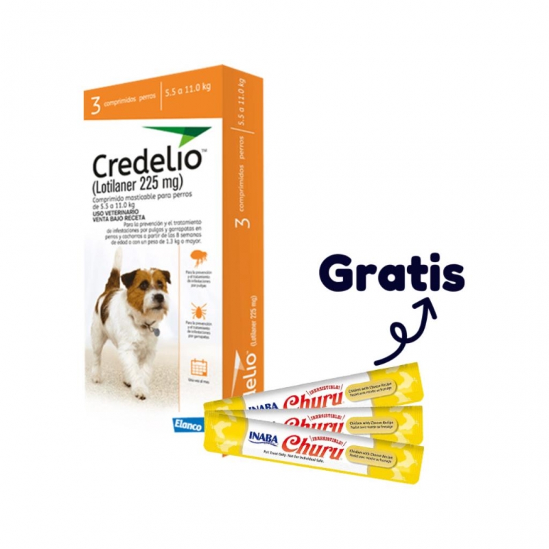 Credelio 3 tab 5,5 a 11 Kg (Naranja) (1) + Snack Churu Perro 14 gr X 1 Sobre Pollo con Queso (3)_1
